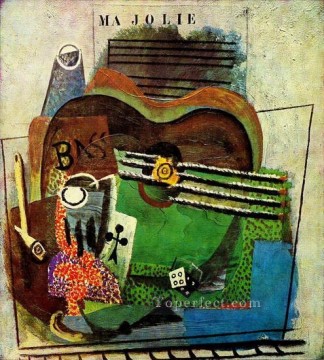 キュービズム Painting - マ・ジョリーのバスギターのトレフル・ブテイユとしてのパイプ・ヴェール 1914 キュビスト